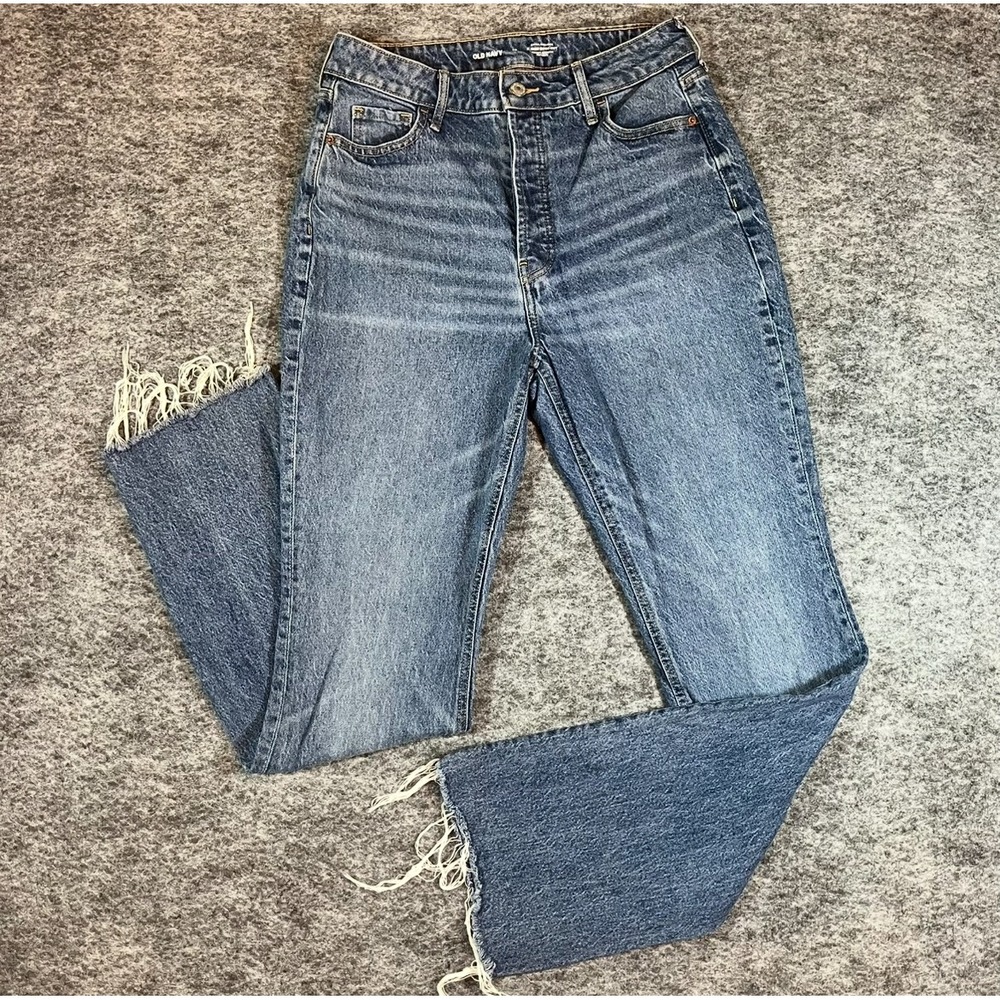 Old Navy Kicker Boot-Cut Jeans Womens 10 Blue Extra High-Rise Raw Hem Button Fly
